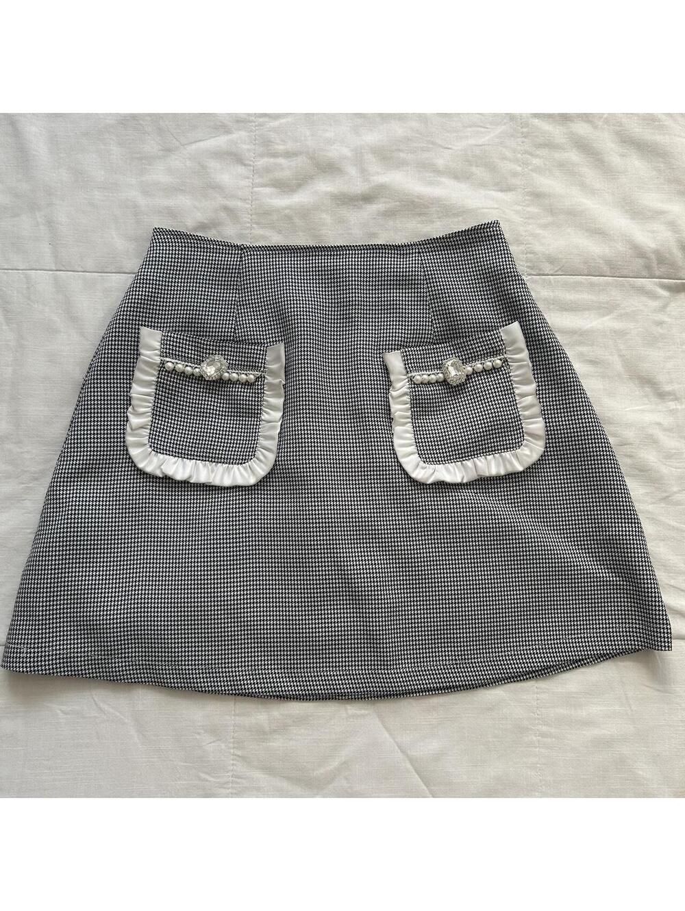 Ank Rouge Black White Houndstooth Mini Skirt Pearl Ruffle XS Japan